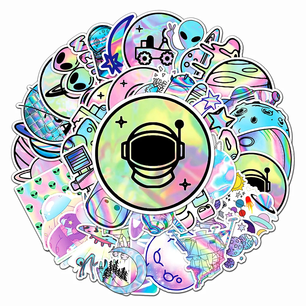 10/30/50pcs Laser Outer Space Astronaut Alien Stickers Cool Cartoon Decals Skateboard Phone Laptop Guitar Graffiti Sticker Pack