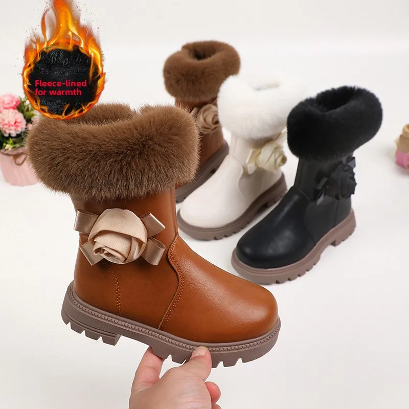 2026 Kids Shoes Girls Winter Plush Comfort Snow Boots Cute Bow Cotton Shoes Baby Soft Soled Non-Slip Toddler Shoes