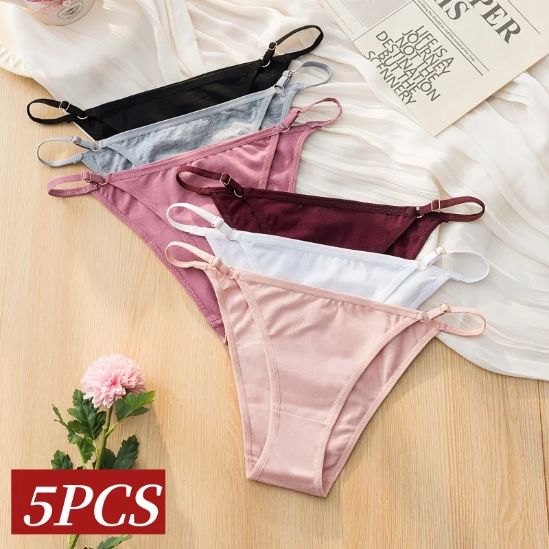 5er-Set Baumwollslips für Damen, niedriger Bund, verstellbare Metallverschlüsse, Bikini-Slips, atmungsaktiv, unsichtbar, Damen-Unterwäsche für den Alltag