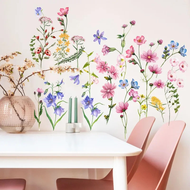 Flowers Vines Wall Decals, Removable Green Plants Leaves Peel and Stick Wall Stickers, Elegant Floral Art Mural Wallpaper