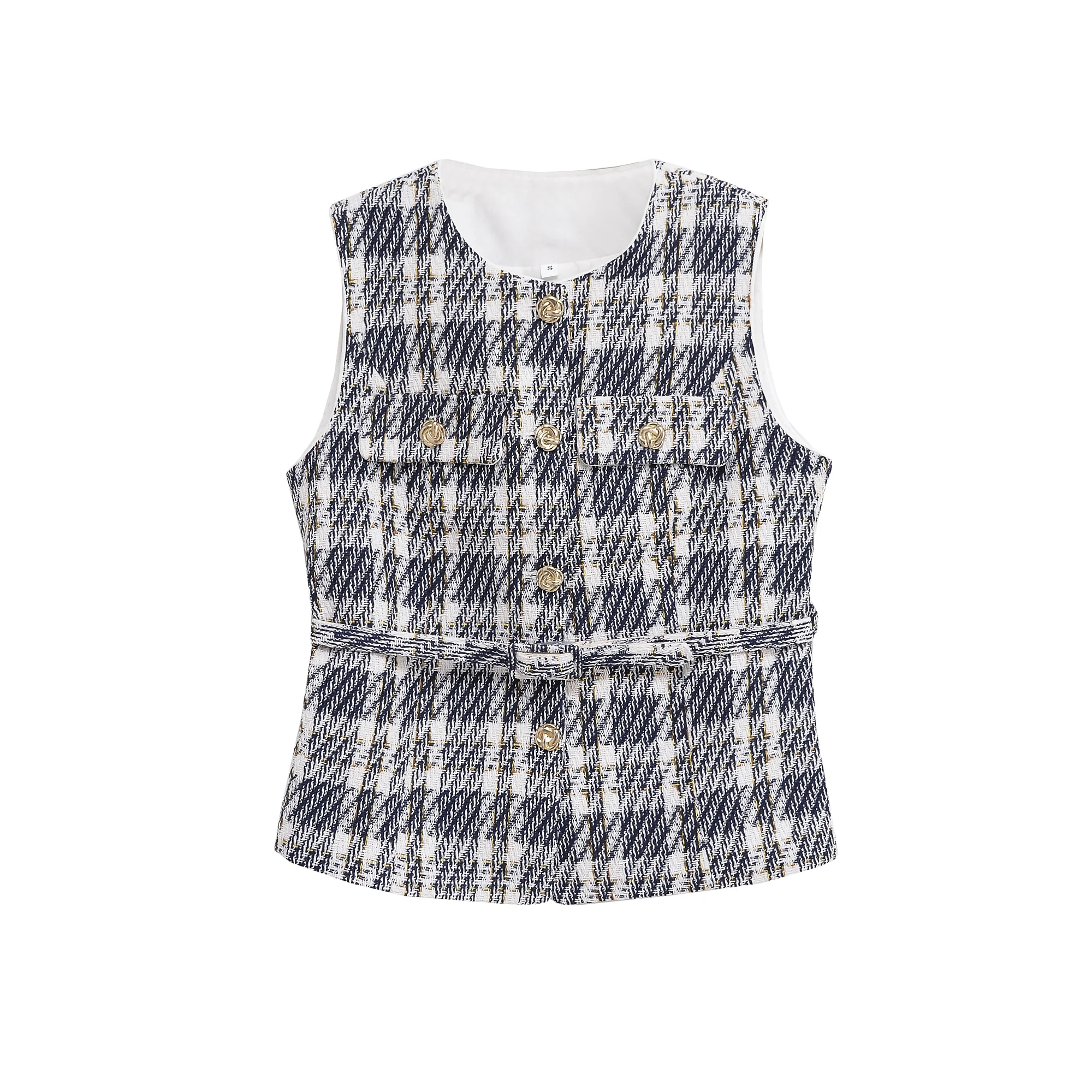 

Topenomi Small Fragrance Waistcoat Vest Women Autumn Fashion Metal Button Belt Waist Sleeveless Jacket Coat Vintage Chic Tops