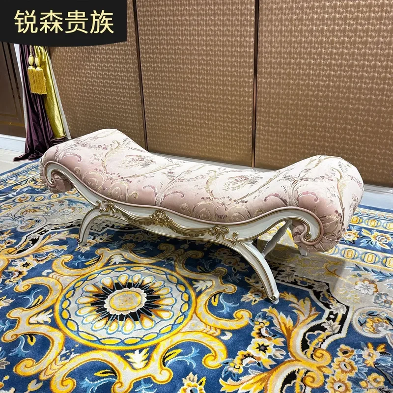 For French European Embroidered Bedside Stool Solid Wood Bench Fabric Ottoman Bedroom Living Room Furniture Decorative Seat