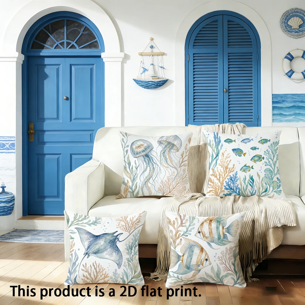 1pc  Nautical Watercolor Ocean Throw Pillow Covers, Coastal Marine Life Cushion Cases for Home Decor