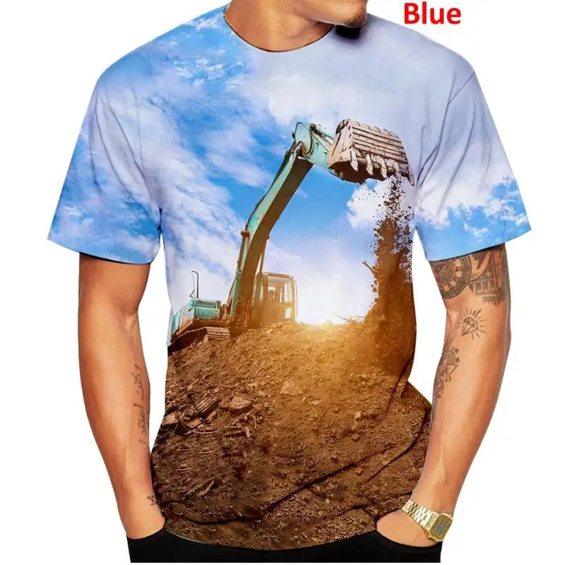 Men Excavator Construction Site 3D Print T-shirt Engineering Vehicle Graphic Short Sleeve Summer Casual Tee