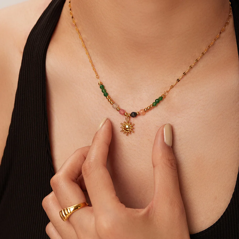 

Vintage Colorful Atural Stone Sun Flowers Pendant Necklace Fashion Accessories Personalization Charm Jewelry Gifts Daily Wear