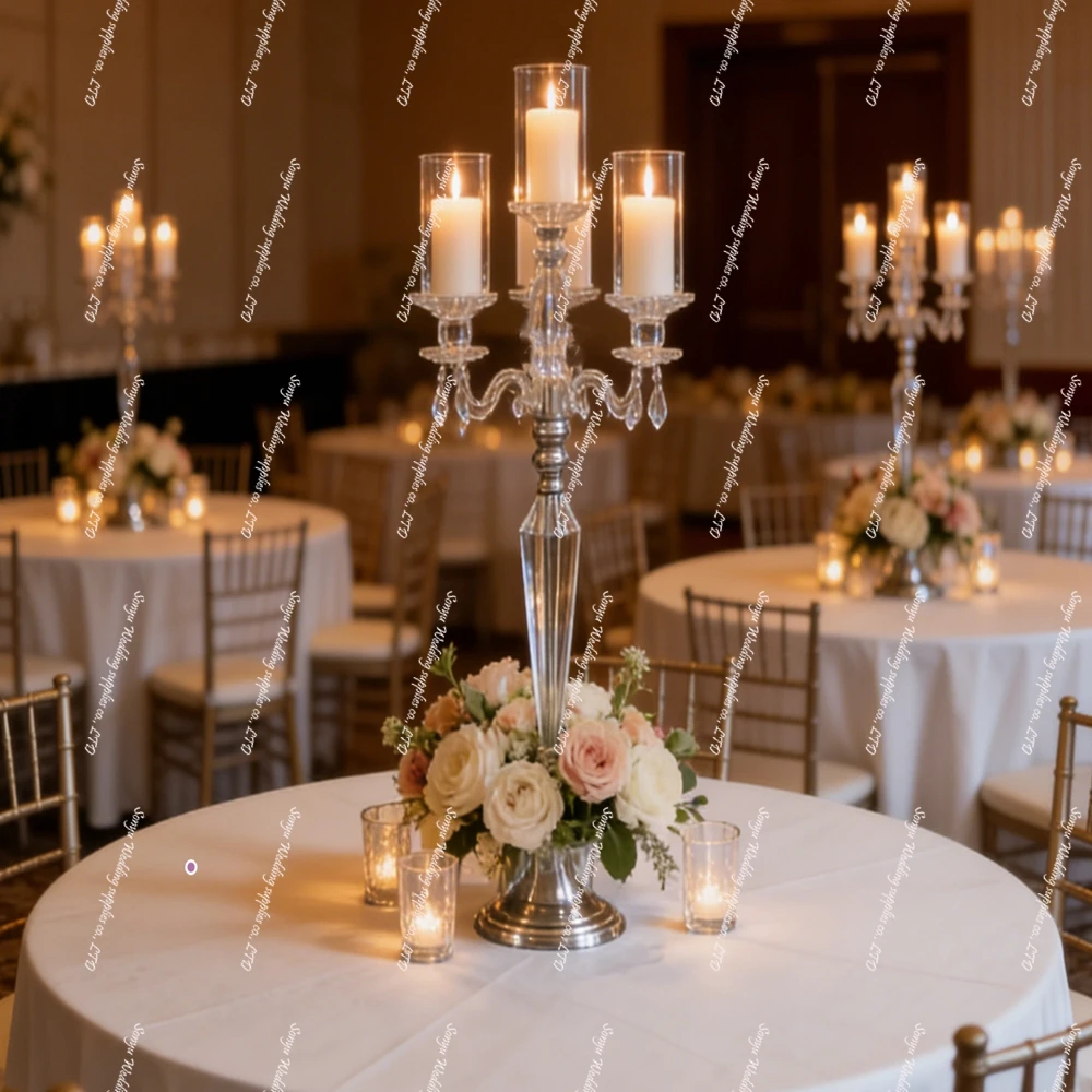 5/10pcs/)only use led candle 5arm acrylic cylinder candelabra  wedding centerpiece candle stick table  candle holder for wedding