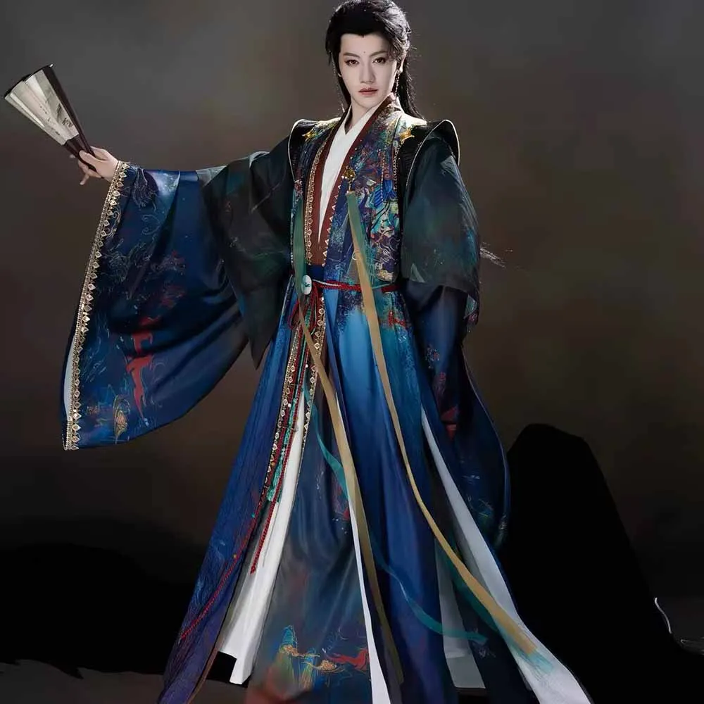 

Men Ancient Chinese Hanfu Set Blue Printed Wide Sleeve Robe Traditional Wuxia Costume for Cosplay Stage Performance Plus Size