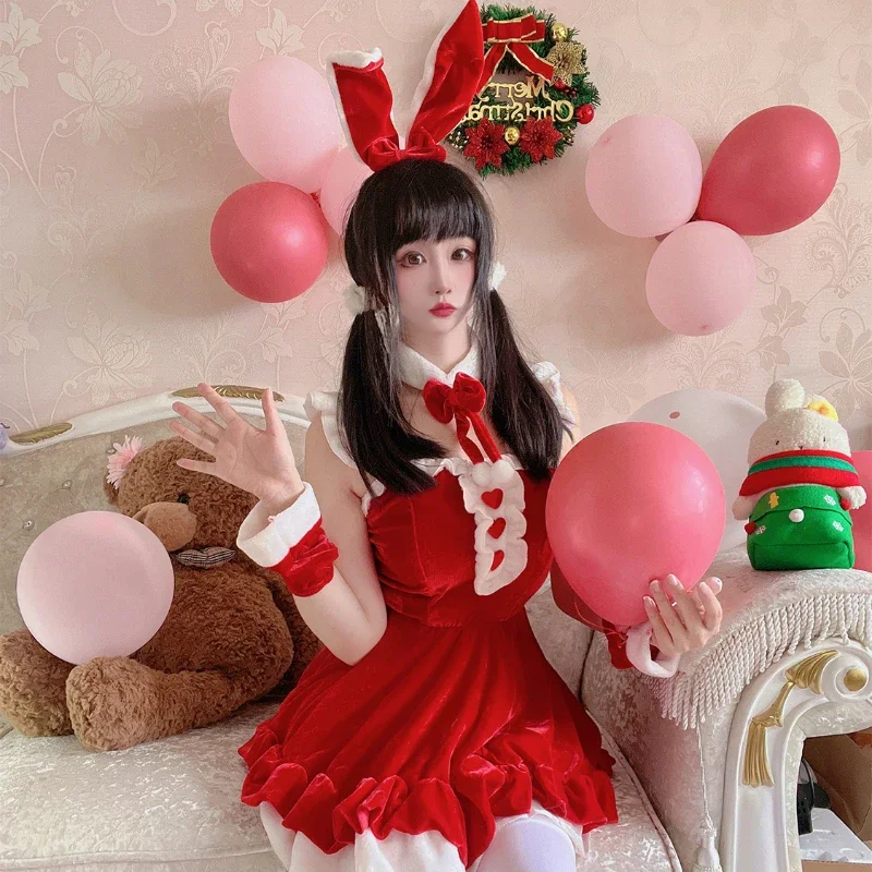 Anime Halloween Bunny Cosplay Costumes Soft Velvet Sweetheart Lolita Princess Dress Christmas School Girl Maid Role Play Outfits