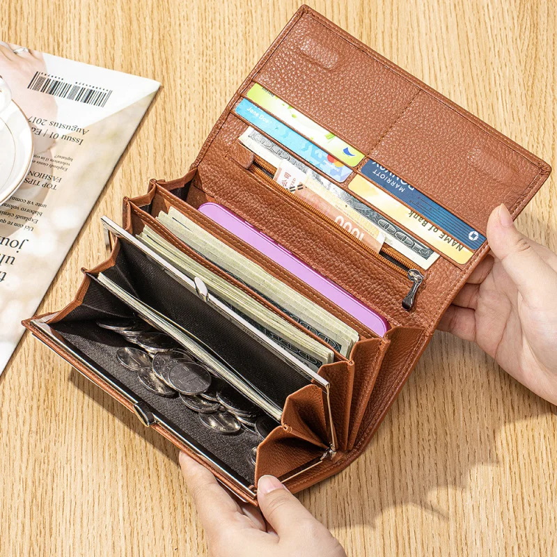 Western Cowhide Leather Long Large Capacity Clip Women Wallet Multi-functional Phone bag Purse for Ladies