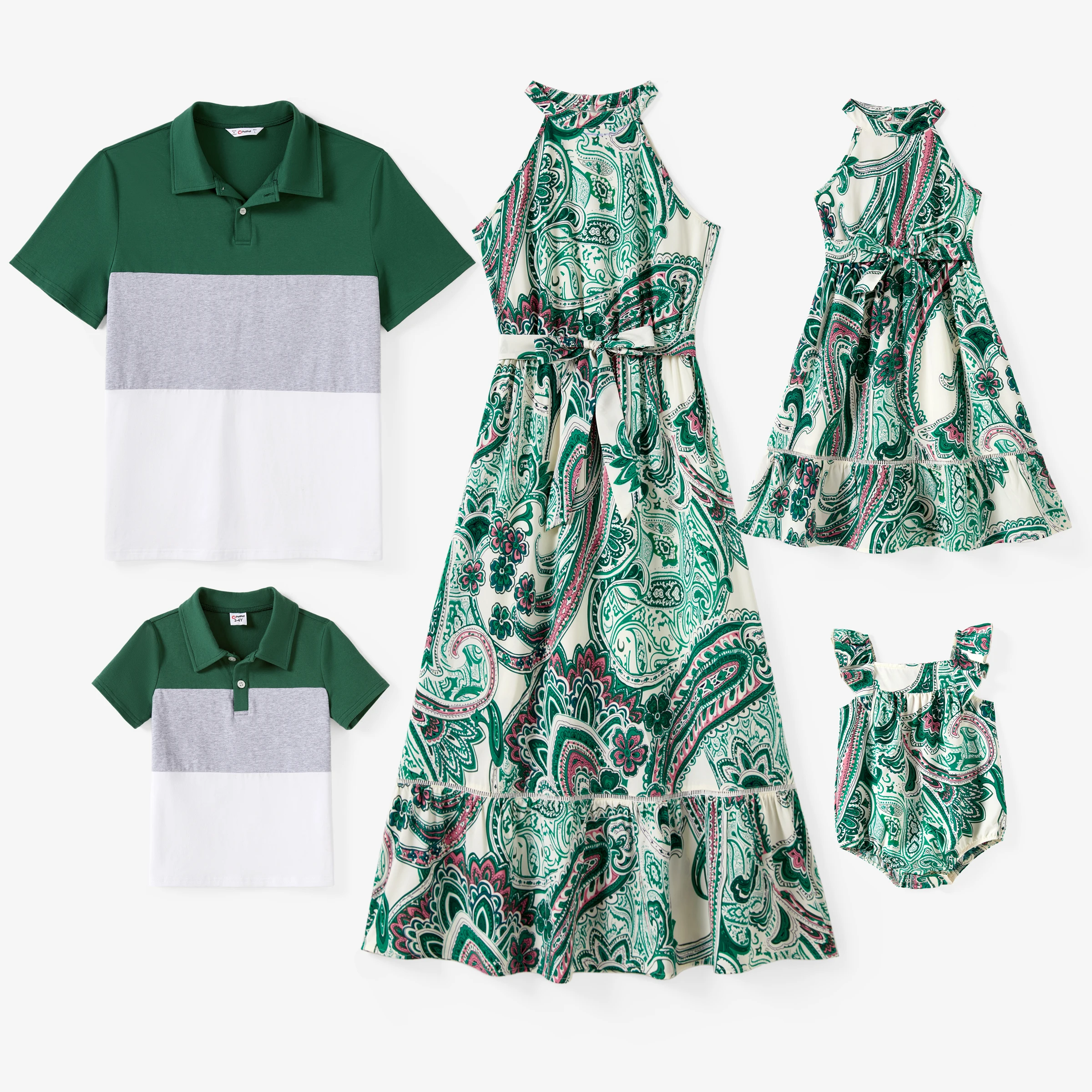 

PatPat Family Matching Sets Color Block Polo Shirt or High Neck Halter Ruffle Hem Boho Dress