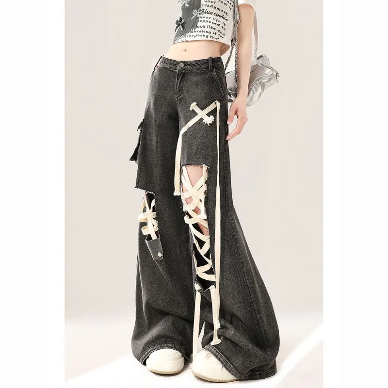 MiiiiX American Retro High Street Strappy Ripped Jeans Women Long Trousers 2024 Summer Design Loose Casual Female Wide Leg Pants