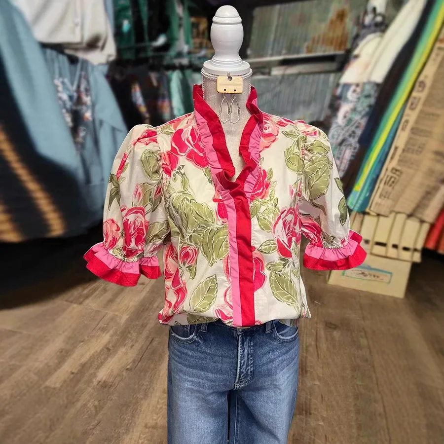 قميص نسائي صيفي بأكمام قصيرة ورقبة على شكل حرف V مطبوع بلوزات Mujer Hemd Damen Blusas Mujer