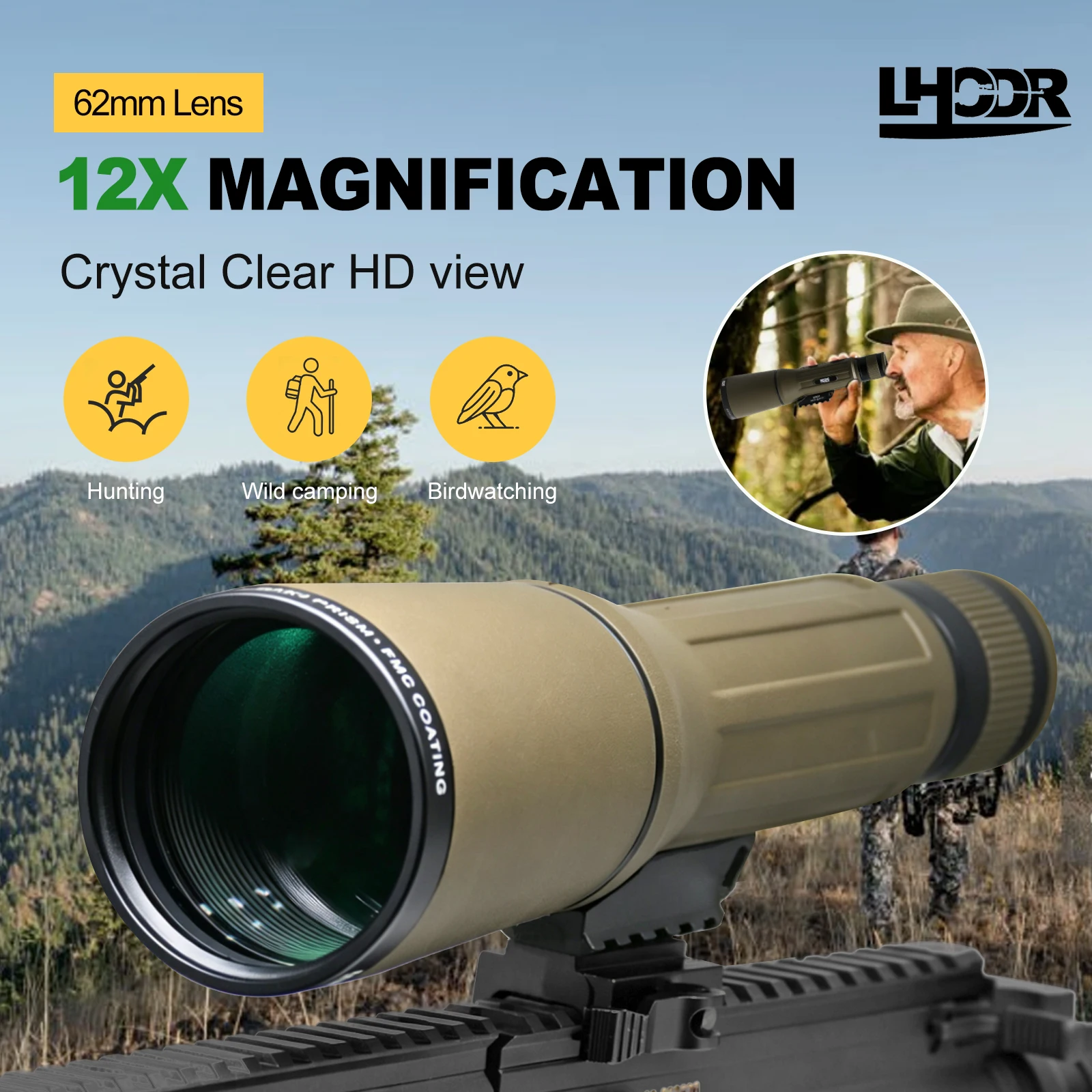 Monocular Telescope 12X62 HD High Power with Tripod Suitable for Bird Watching Hunting Hiking Camping Wildlife (Army Green)