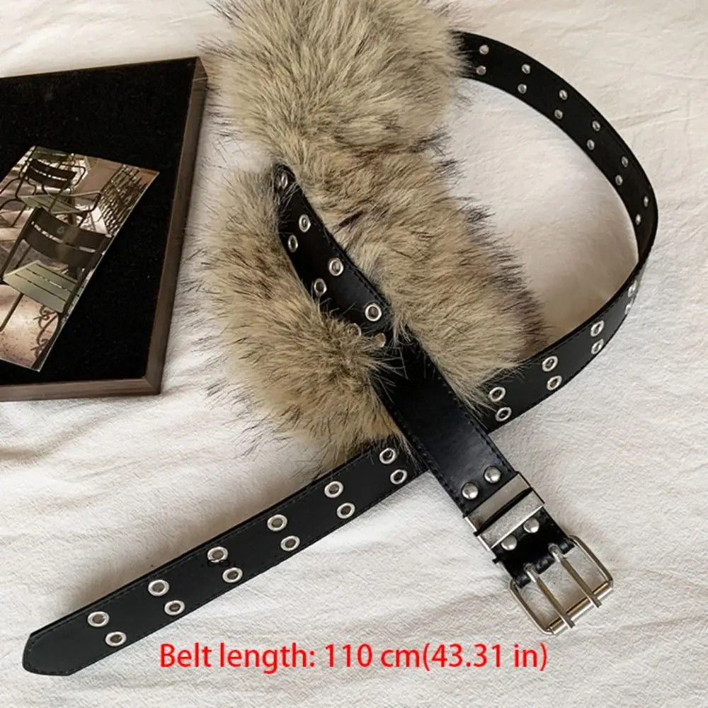 Personality PU Leather Leather Fur Belt Faux Fur Rivet Furry Waistband Korean Style Spicy Girl Style Y2K Waistband Daily