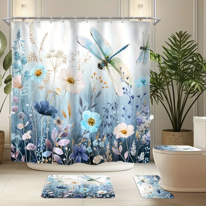 

2D плоский набор из 4 предметов - Комплект штор для душа с изображением стрекоз, акварельный синий цветок, дикие цветы, трава, растения, современный дизайн