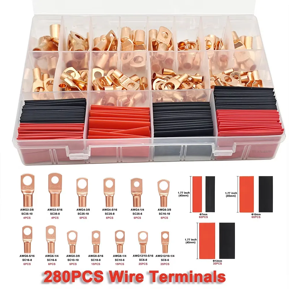 280pcs Copper Wire Lugs Awg 2 4 6 8 10 12 Gauge Wire Connectors,Battery Cable Ends,Copper Ring Terminals with Heat Shrink Kit