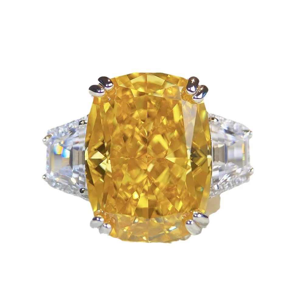 

S925 Silver Ring Rock Sugar 12X16 Yellow Zircon Stone Inlaid Ice Flower Cut Fashion Ring Boutique Jewelry for Women