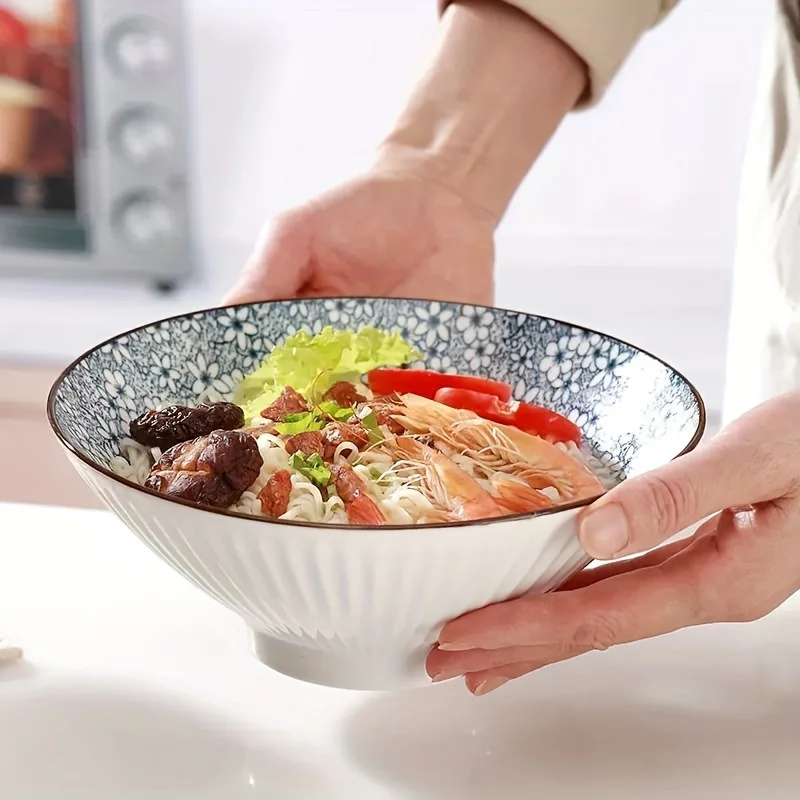 8 Inch Japanese Style Ceramic Bowl - Crackle Glaze Maple Leaf Pattern Large Soup Ramen Bowl