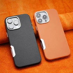 Metal Lens Protective for MagSafe Phone Case For iPhone 16 Pro 16pro max 16plus Solid Color PU Leather Wireless Charging Cover