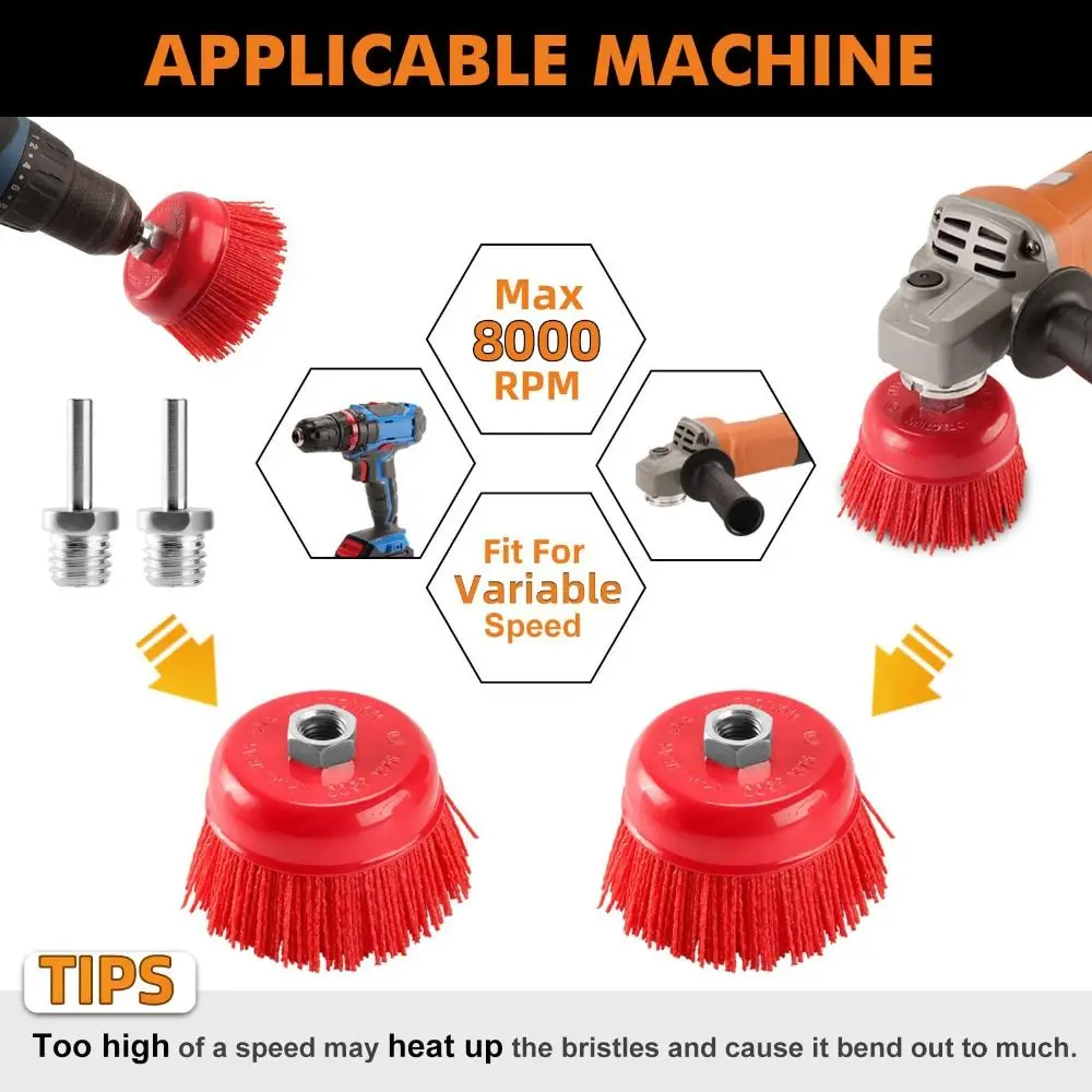 

2PACK 4 Inch Nylon Brush Threaded Arbor 5/8 Inch-11 Threaded Arbor Abrasive Cup Brush Wheel Max 8000 RPM 100mm Abrasive Tool