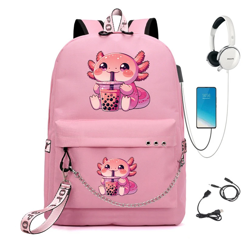 Mochila escolar Boba Kitten Kawaii Axolotl Bubble Tea Boba Axolotl, mochila de dibujos animados, bolsas de regreso a la escuela, bolsa de libros de carga Usb