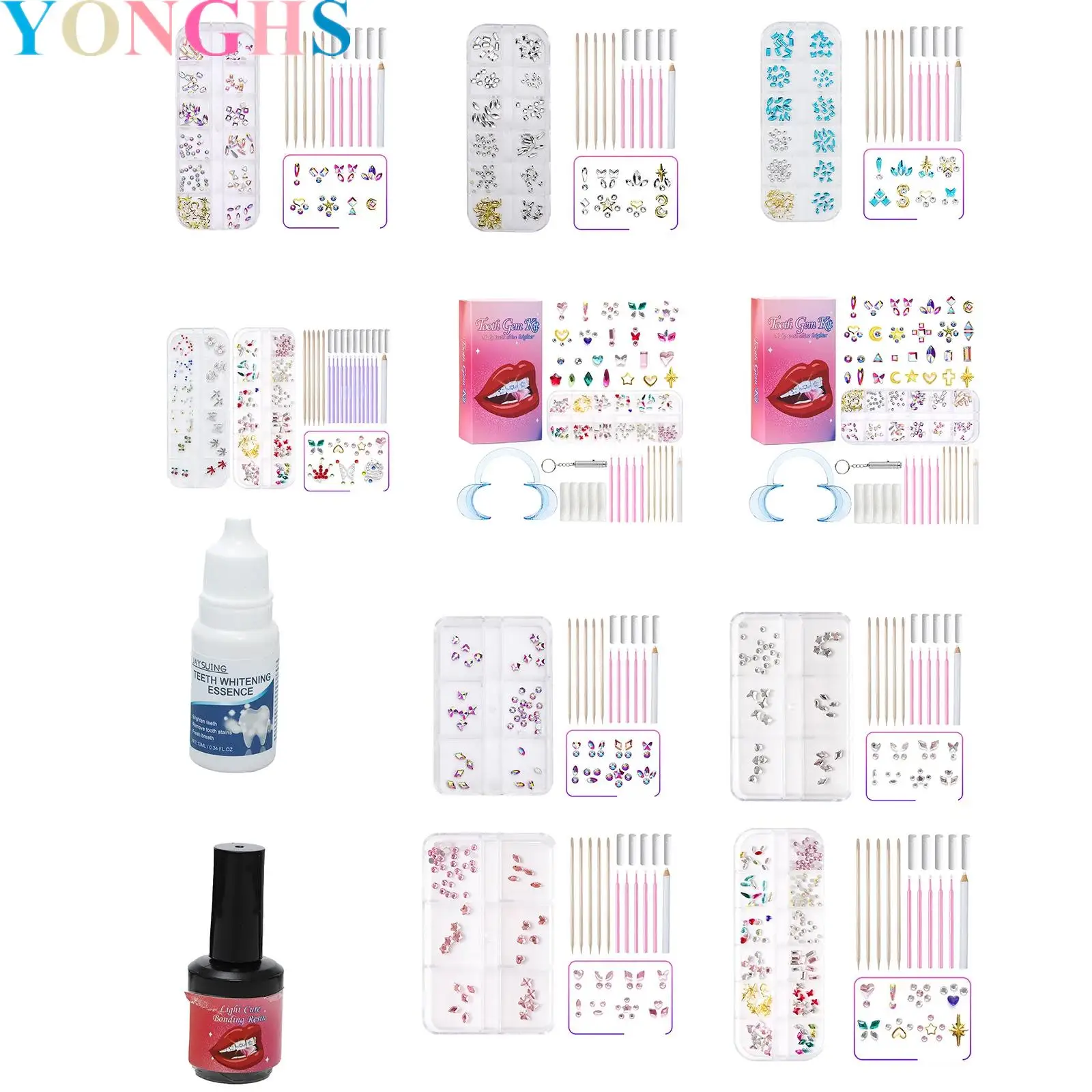 

Tooth DIY Rhinestones Kit Jewelry Dental Shiny Teeth Set with Applicator Sticks Dot Drill Pen Cotton Sticks Or Dental Decor Glue