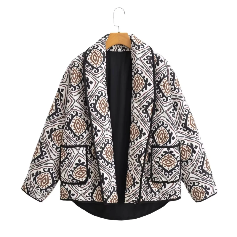 

2024 Vintage Women's Winter Coats Stylish Prints Lapel Quilted Jacket Long Sleeves big Pocket Clothes Cardigan padded Feminina