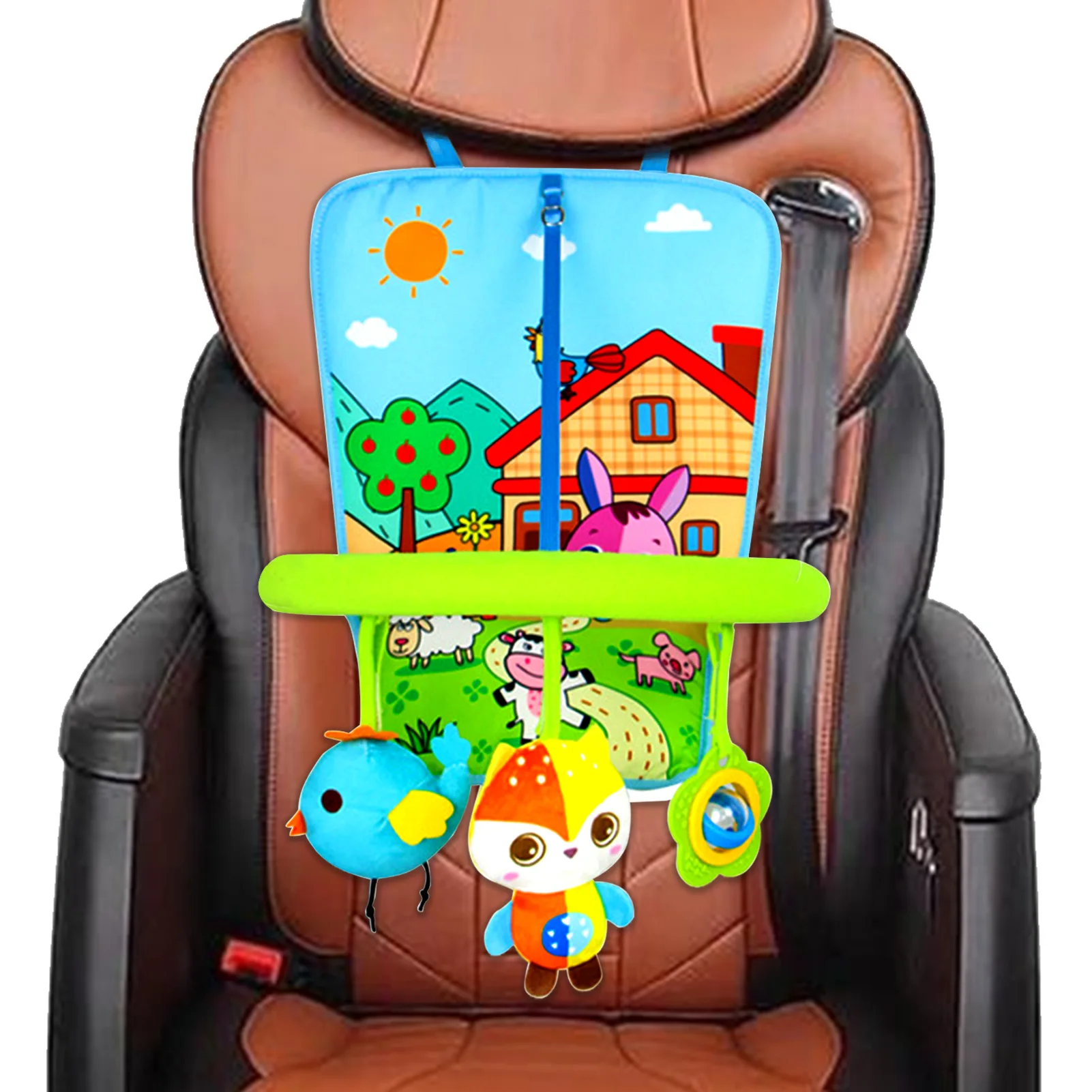 Asientos de coche infantiles de juguete para bebés, centro de actividades de juego de animales de felpa con estera, estante de viaje divertido, asientos traseros de coche, conducción más fácil con bebé