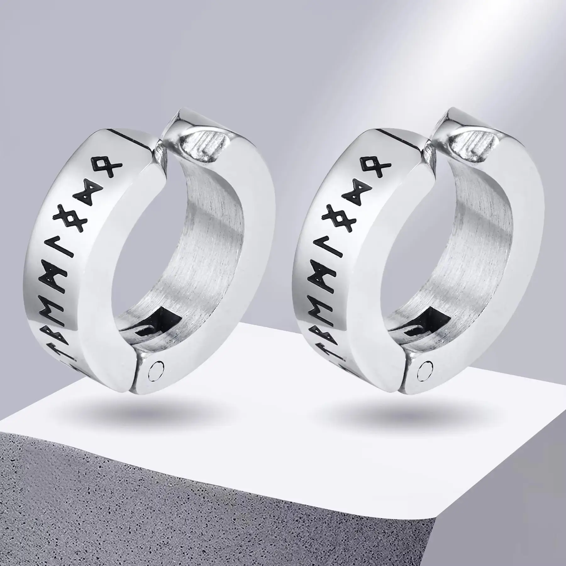 Viking Runes Hoop Earrings for Men Women Non Pierced Clip Earrings Stainless Steel Norse Viking Letter Words Huggie Earrings
