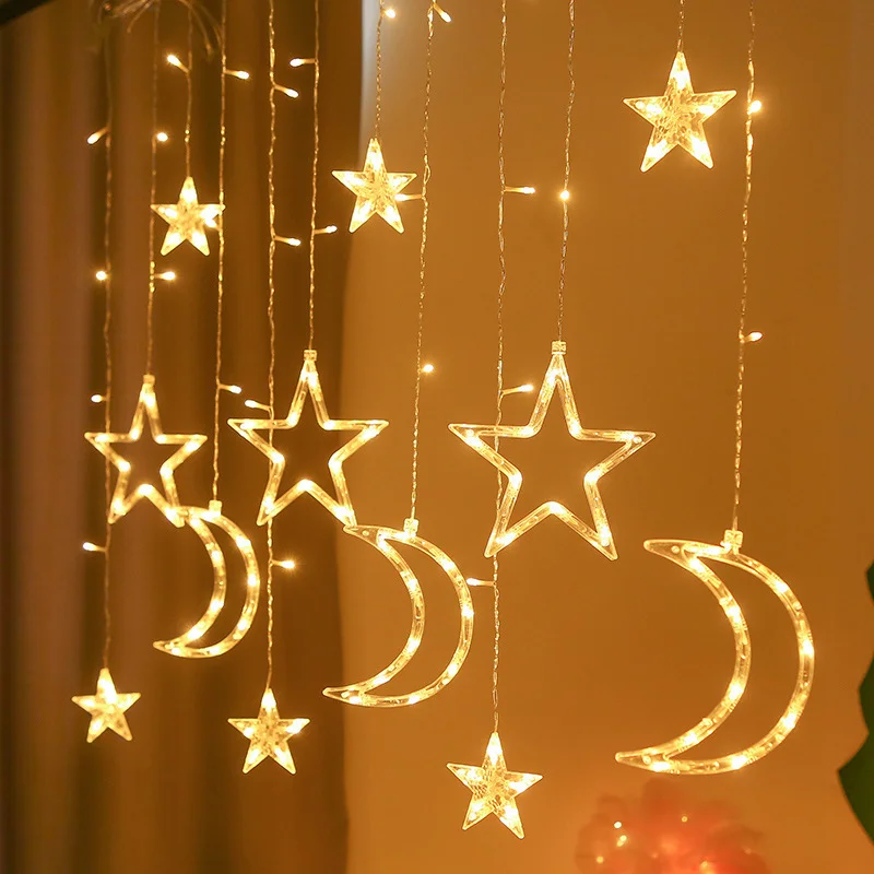 Star Moon LED Curtain Garland String Light, EID Mubarak, Decorações Ramadan para o Natal, Casa, Decoração do Evento Islã, Fontes do partido