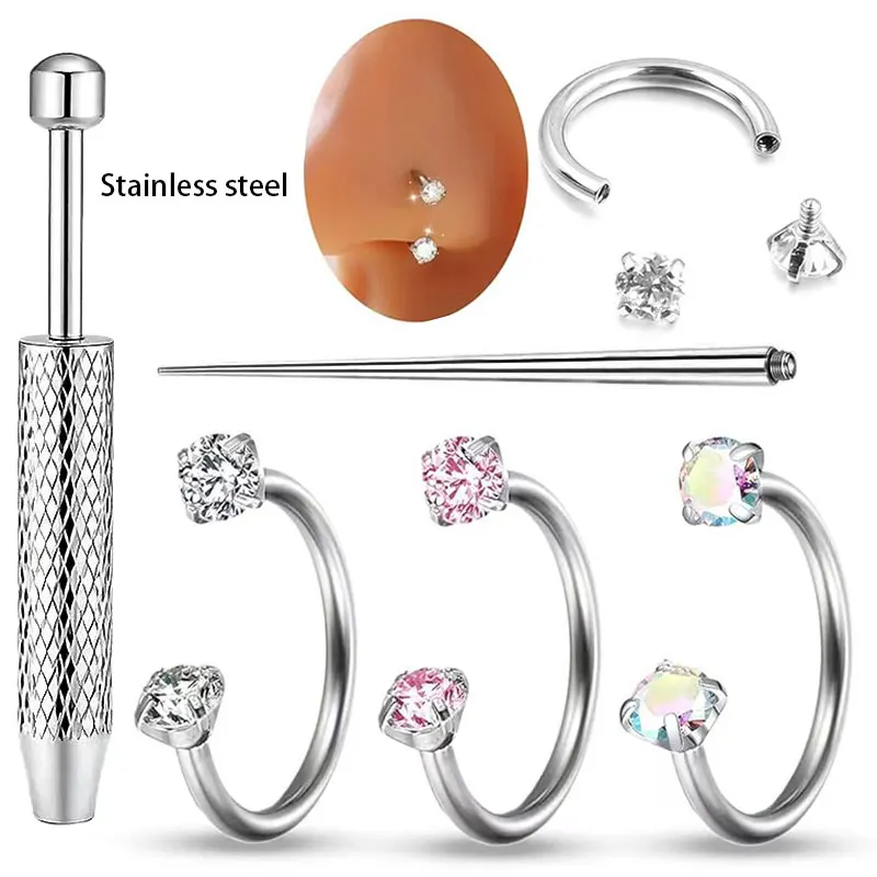 Stainless Steel 20G 0.8mm 8mm Horseshoe Nose Ring Crystal Inlaid Hoops Hypoallergenic Piercing Jewelry for Cartilage Lip