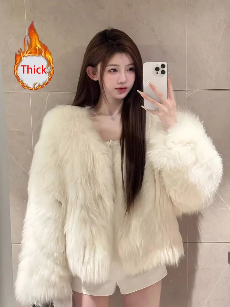 

White Faux Fur Coat Women Slim Elegant Long Sleeve Fashion Faux Fox Jacket Winter Thick Warm Korean Chic Female V Neck Outwear