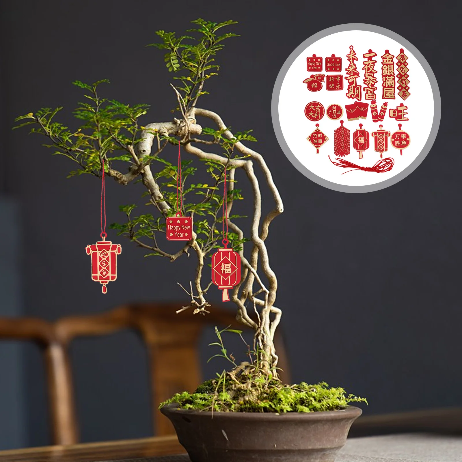 

18Pcs Reusable New Year Tree Pendant Chinese Festival Decoration Bright Red Potted Hanging Ornament for Home Indoor Spring
