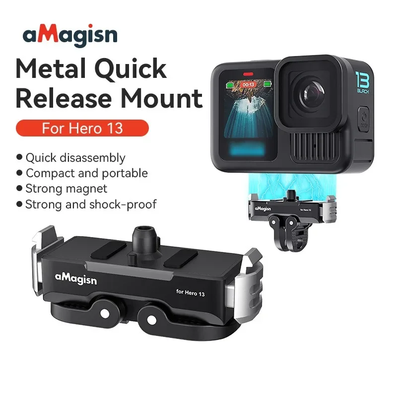 حامل مغناطيسي سريع الإصدار من AMagisn لـ GoPro Hero 13 باللون الأسود، مع فتحة لولبية 1/4 بوصة وحامل ثنائي الشق، ملحقات لـ Gopro 13