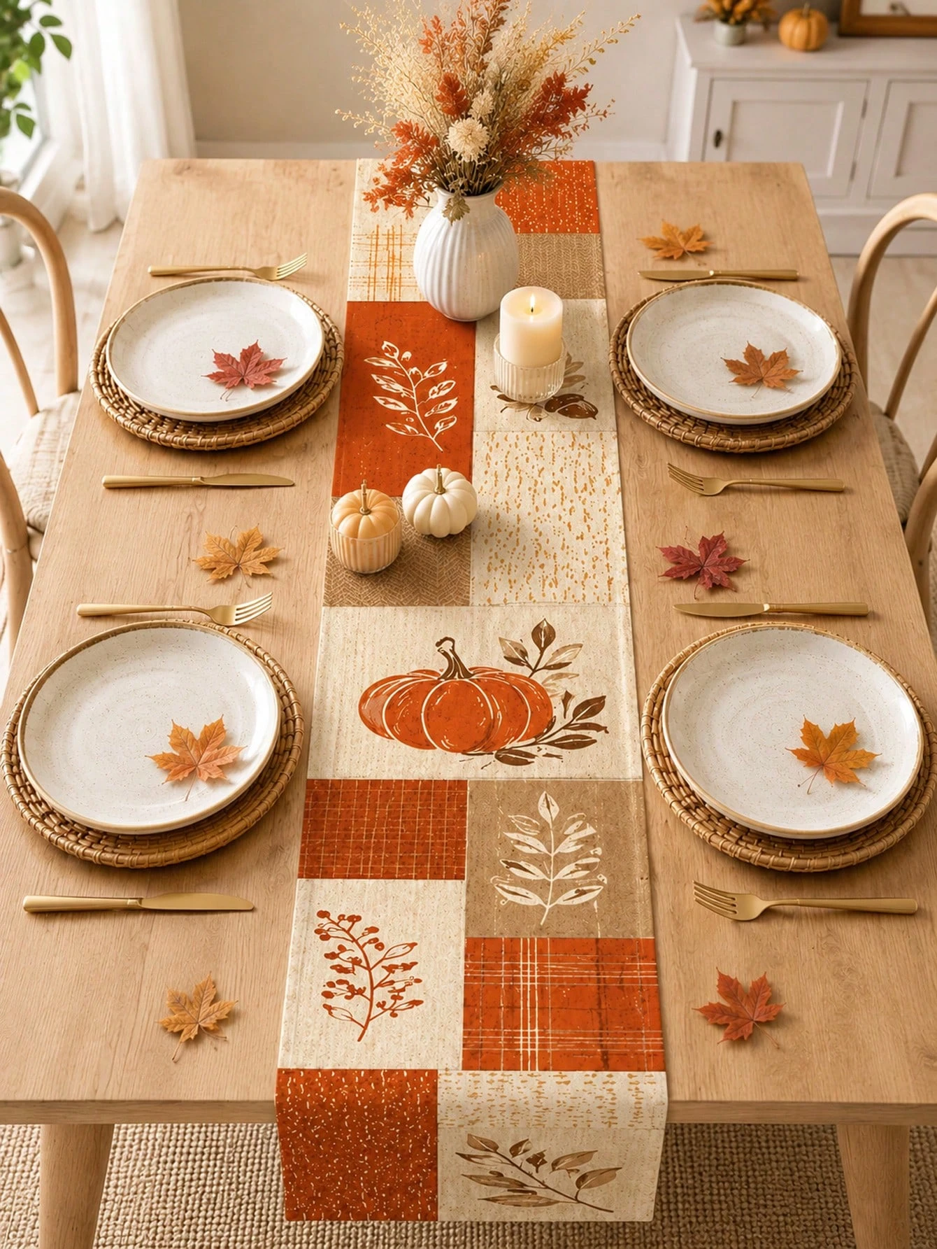 Fall Harvest Linen Table Runner, 2D Patchwork Pumpkin Autumn Leaf Print, Multiple Sizes,  Ideal Thanksgiving Tabletop Decoration