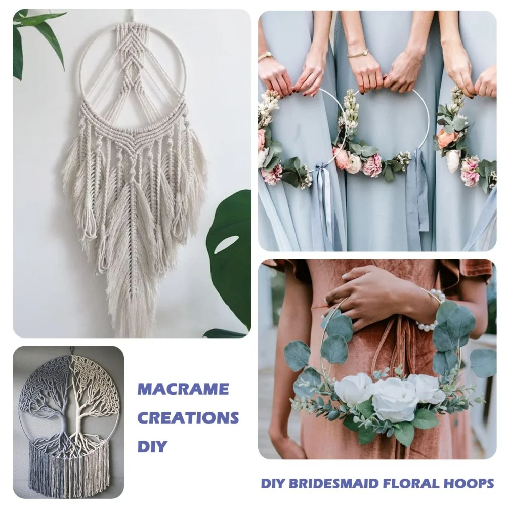 6PCS Metal Floral Hoop Centerpiece Silver Stand Wreath Macrame Rings Decorations DIY Wedding Party Table Dream Catcher Crafts