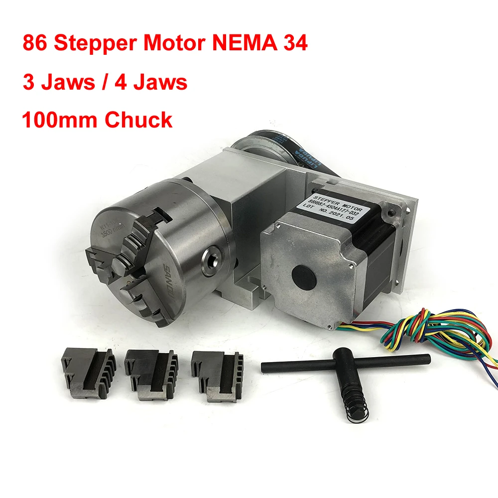 20264 Axis 4th A Axis Rotary Axis NEMA 34 86 Stepper Motor CNC Indexing Head 4 Jaws 100MM Chuck Center Height 65MM Engraving