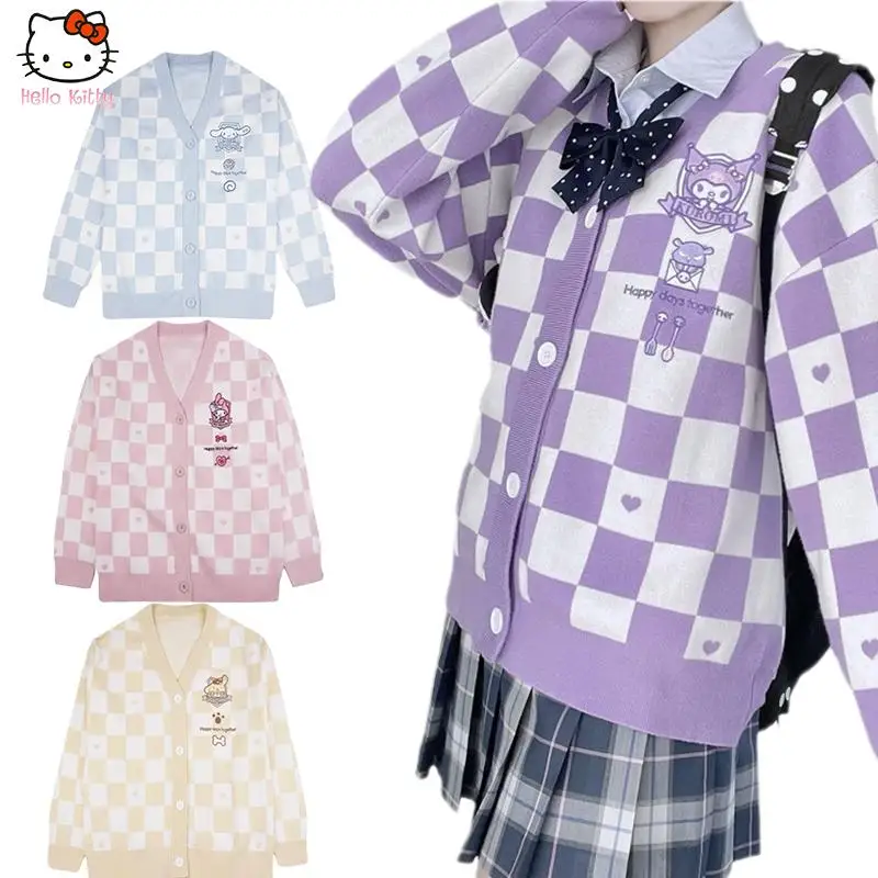 Kawaii Sanrio Kuromi sweter w kratę sweter w stylu Cute Cartoon moja melodia Cinnamoroll Girl płaszcz z dzianiny najlepsze Anime prezent urodzinowy