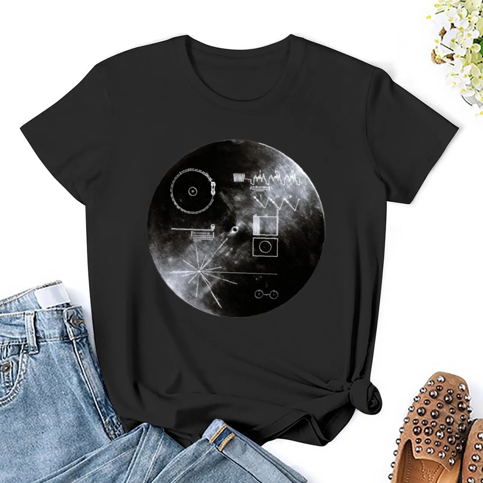 The Voyager Golden Record Black And White T-shirt Round Neck Sports Tees Funny Graphic Home Lovely