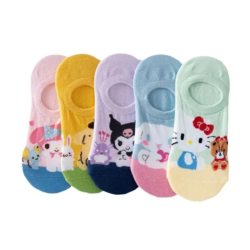 MINISO-Meias de barco invisíveis para mulheres, boca rasa, fofas, respiráveis, cintura baixa, anime, sanrio, hello kitty, hello kitty