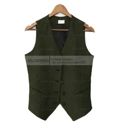 Black Herringbone Vest Men Business Vests Waistcoat Fashion Classic Wool Tweed Suit Vest Tuxedo