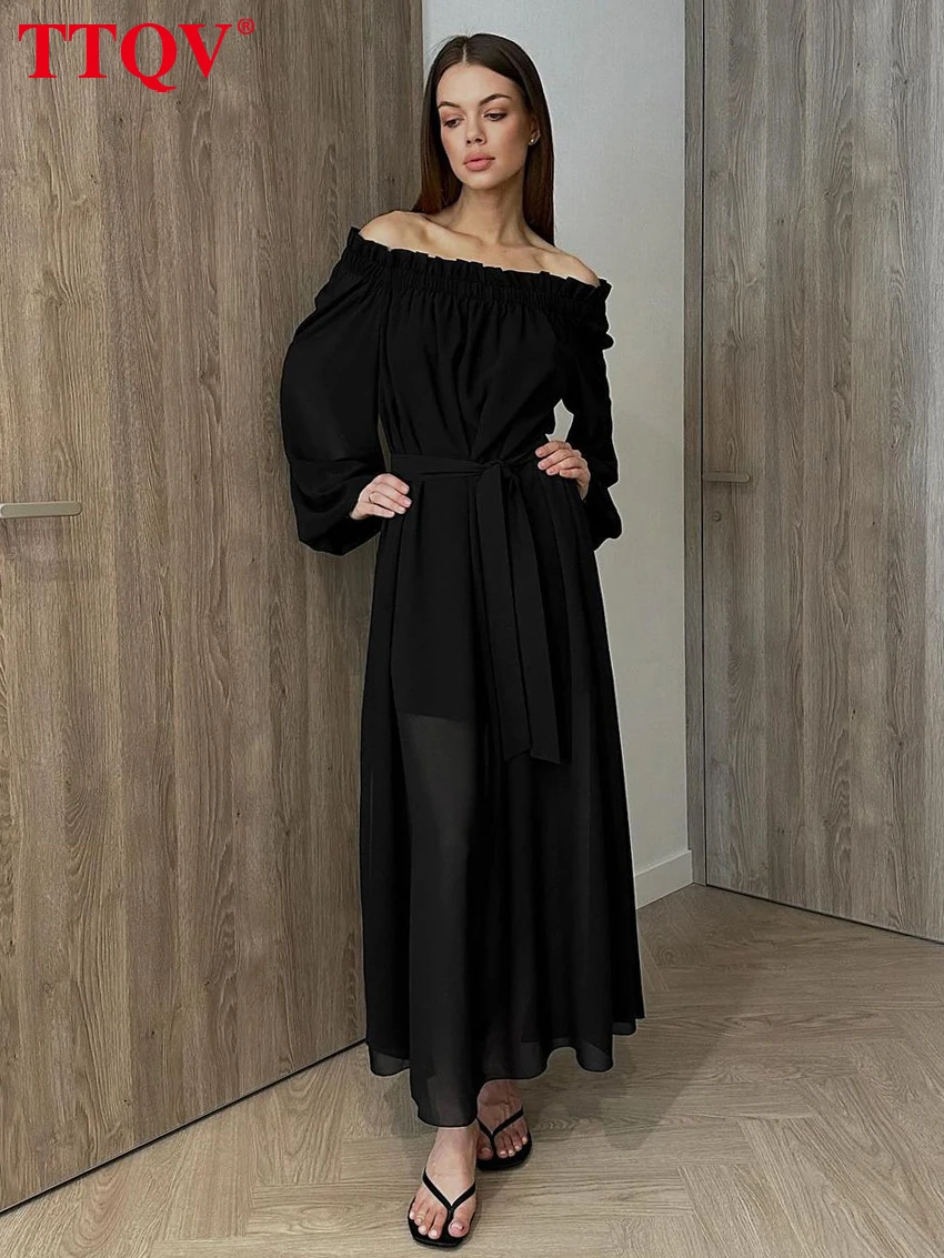 

Женское платье TTQV Spring Loose Blue 2026: Сексуальное, с вырезом-лодочкой, длинными рукавами, длиной до щиколотки, элегантное, с разрезом и шнуровкой