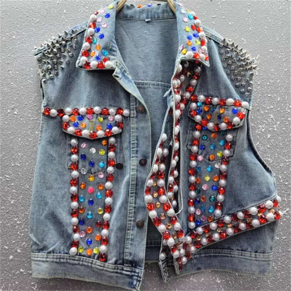 

Handmade beads denim coat design fashion cowboyloose Rivet women