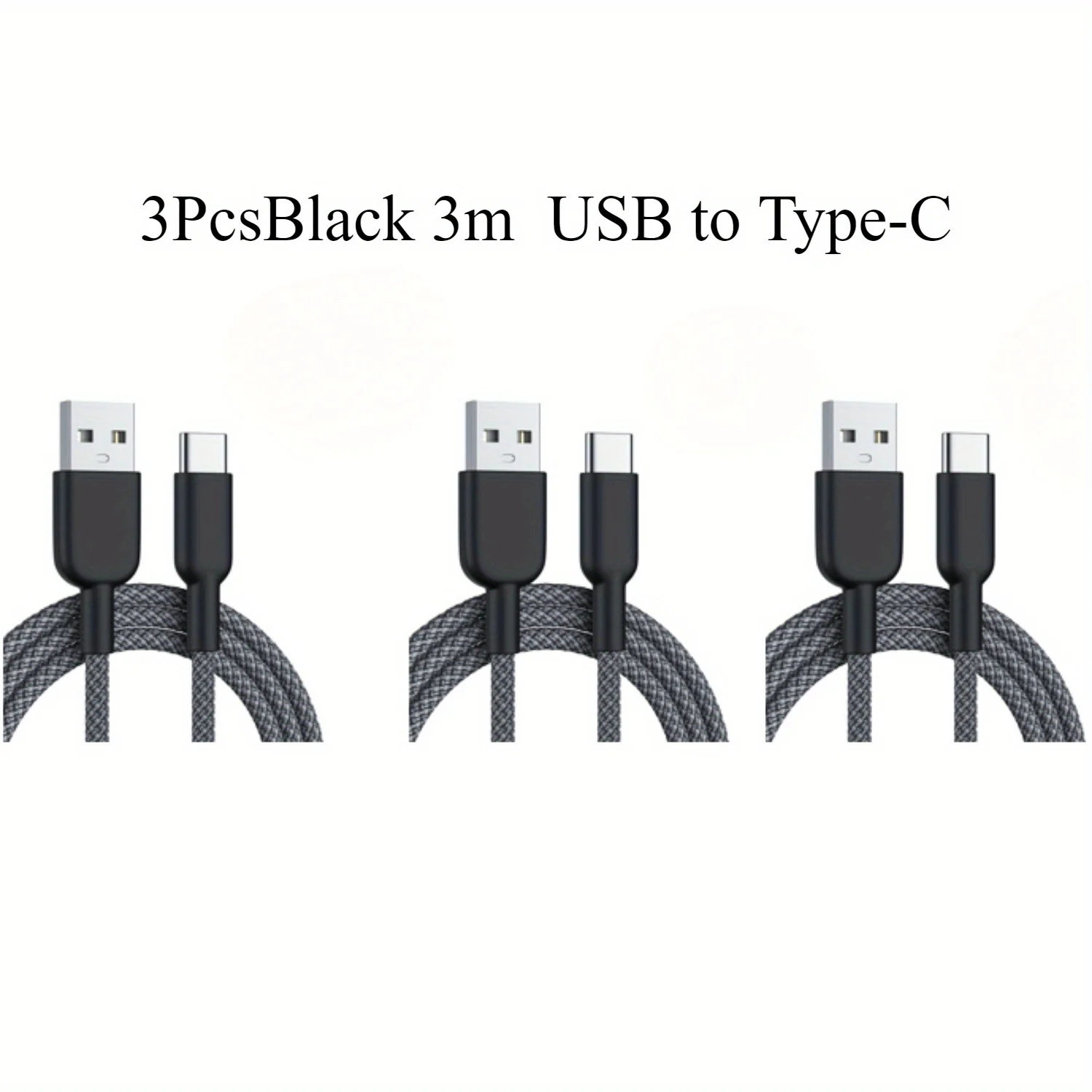 

3 шт., 3 м, черный зарядный кабель USB-Type-C, кабель для быстрой зарядки данных для телефонов, идеально подходит для повседневного использования