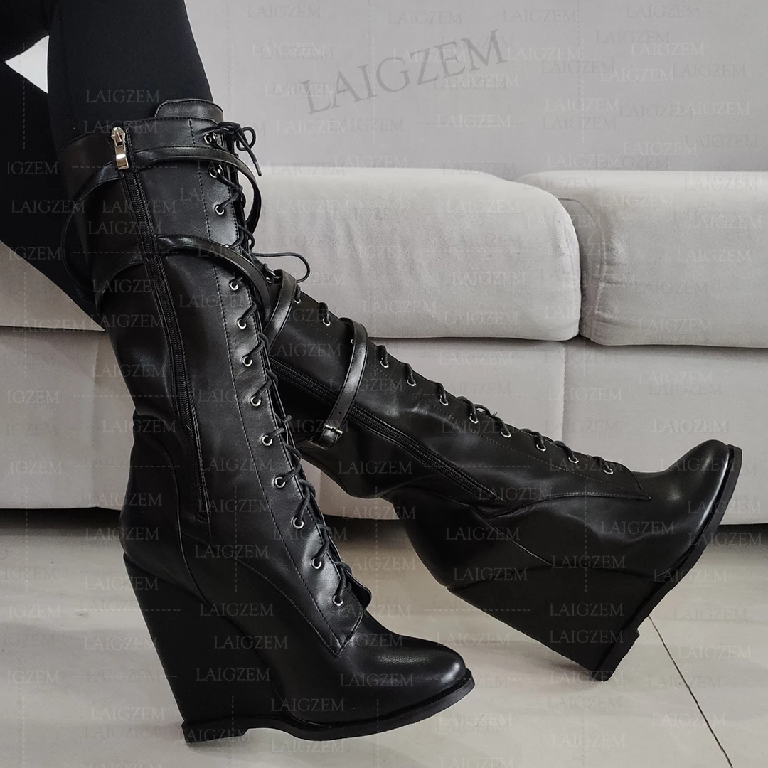 LAIGZEM Women Calf High Boots Side Zip Wedges High Heels Boots Round Toe Wide Calf Friendly Ladies Shoes Woman Big Size 42 47 52
