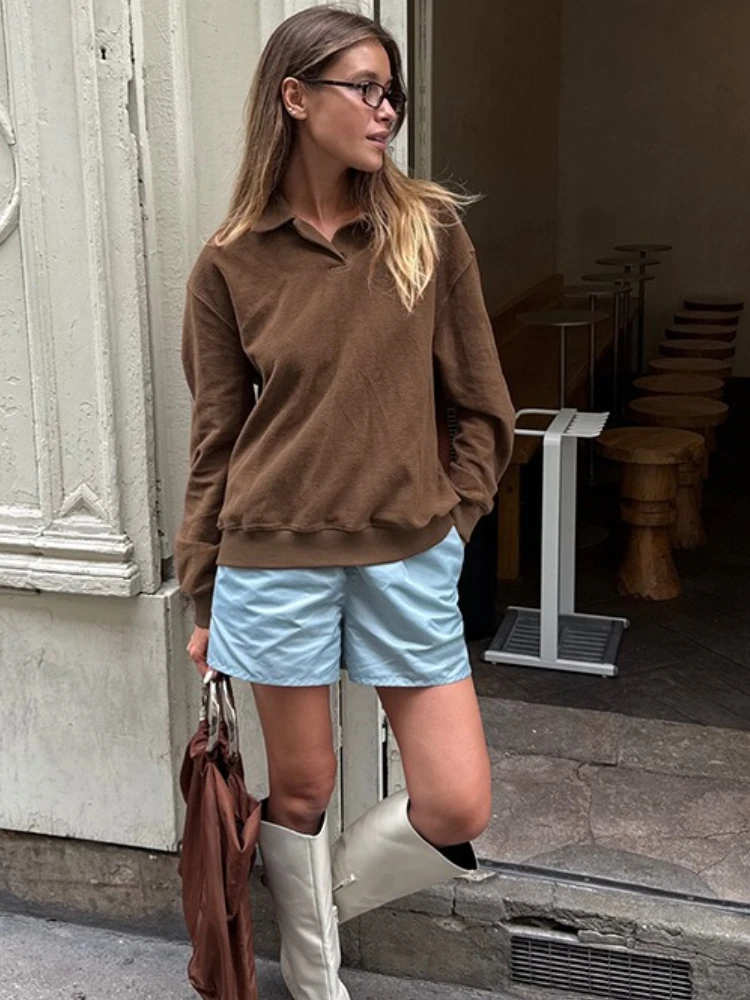 Tossy Casual Polo Collar Pullover Tops For Women Autumn 2025 New Solid Loose Long Sleeves Patchwork Outfits Female Pullover Top