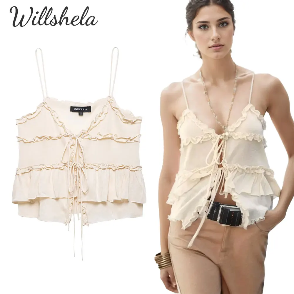 

Willshela Women Fashion Knitted Backless With Bowknot Ruffled Camisole V-Neck Sleeveless Female Chic Lady Casual Mujer Tops Tank