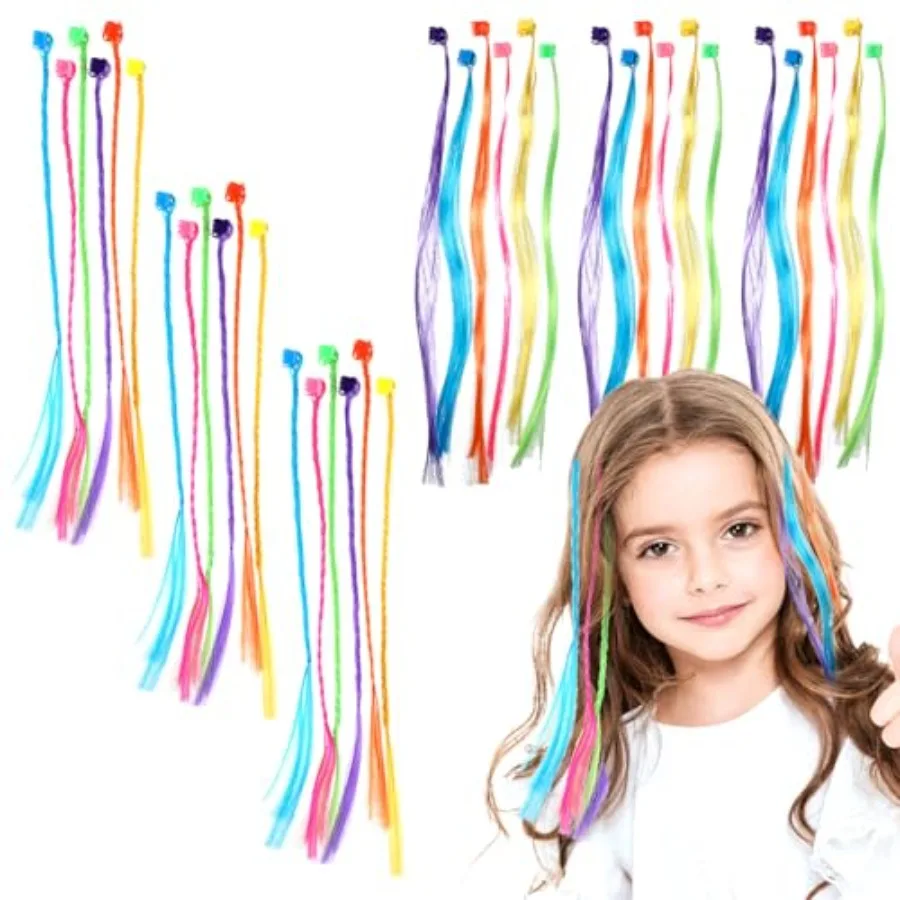 

36 Pack Colored Hair Extensions for Girls, Clip-In, 33cm Length, Pink, Blue, Purple, Orange, Green, Yellow, Braid and Straight