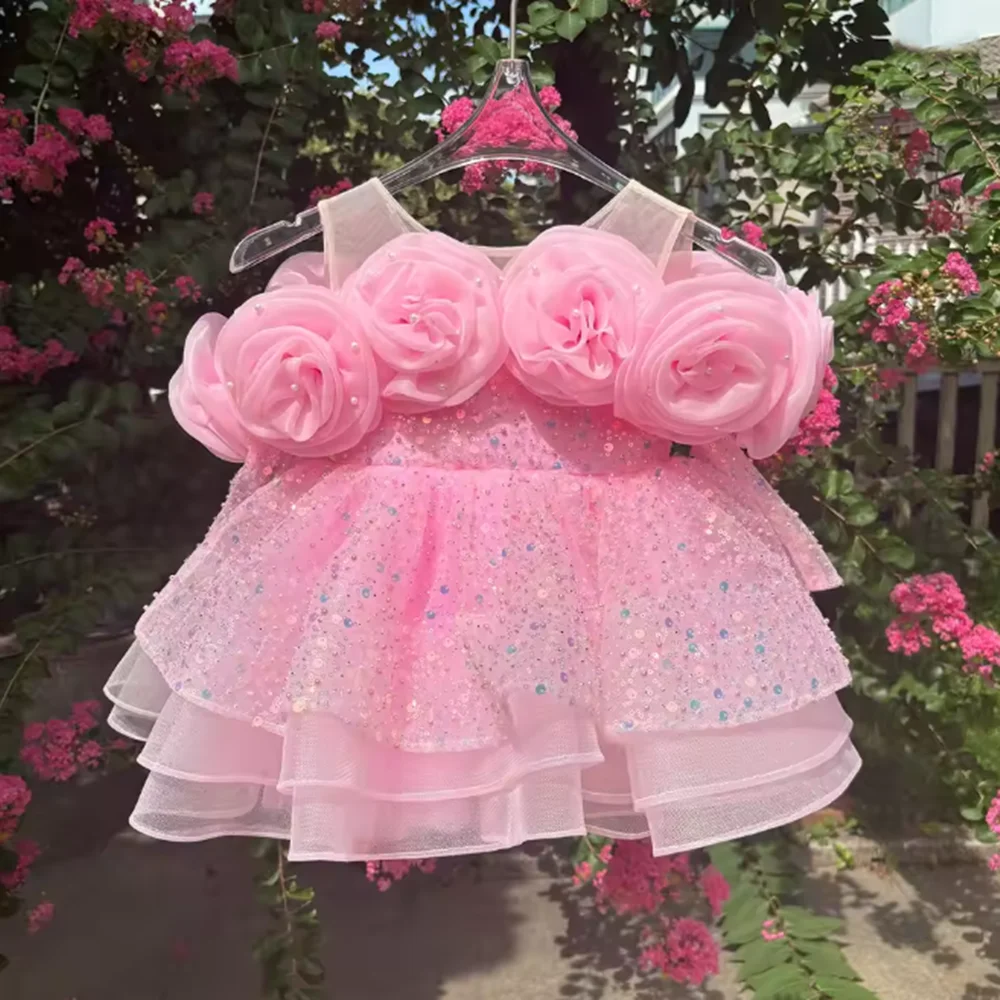 Vestido de lujo de flores para niña, vestido de encaje de manga larga de princesa para niños pequeños, boda, 1er cumpleaños, desfile, fiesta, baile