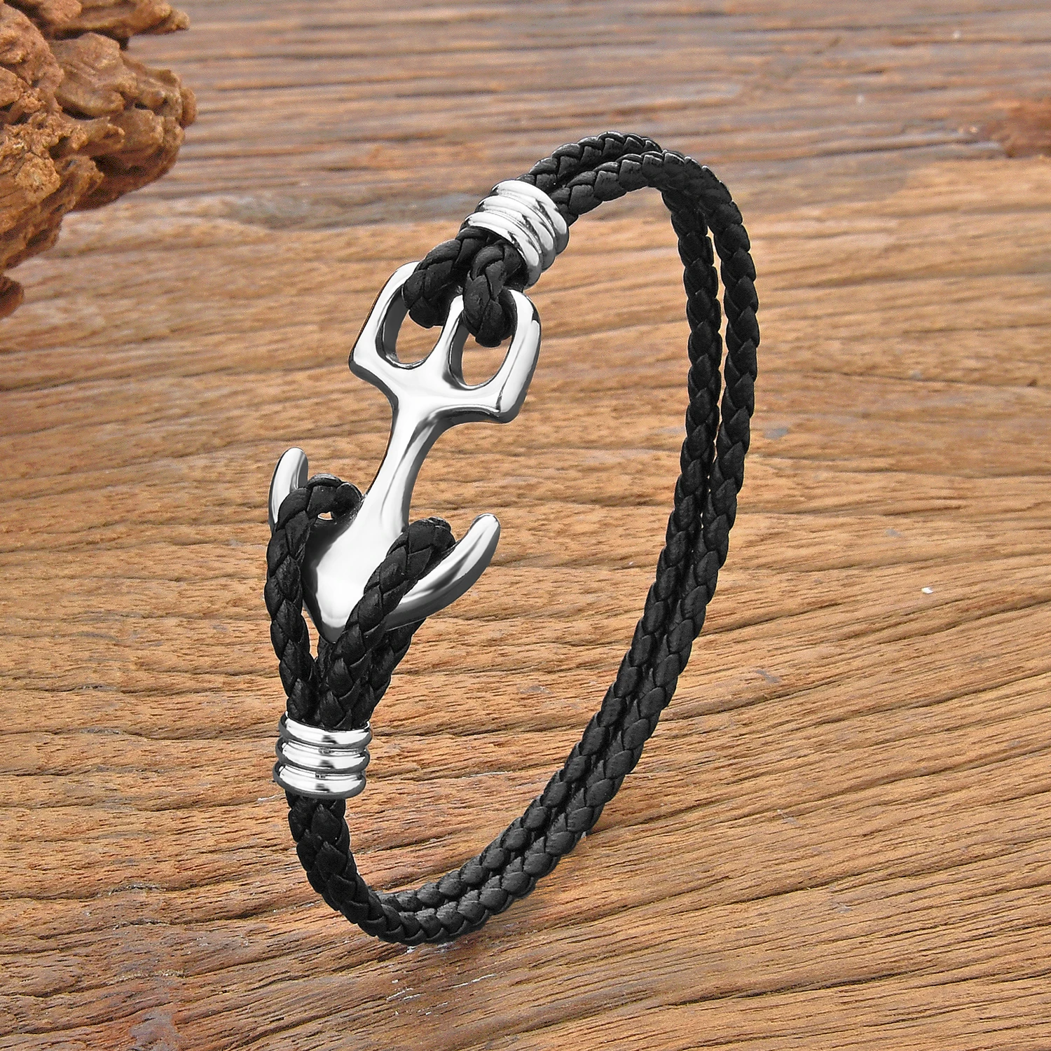 New in Classic Stainless Steel Anchor Bracelets Double Leather Bracelet & Bangles for Men Women Jewelry Black Color Fashion Gift